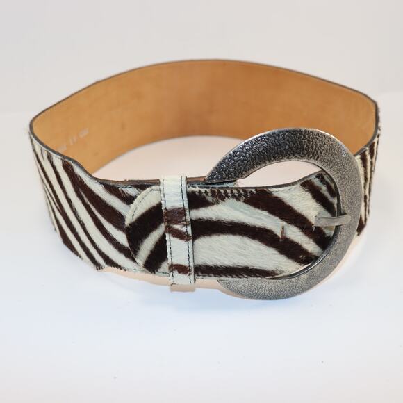Charley Stone Zebra Print Wide Leather Belt with Statement Buckle Size L - Picture 1 of 3